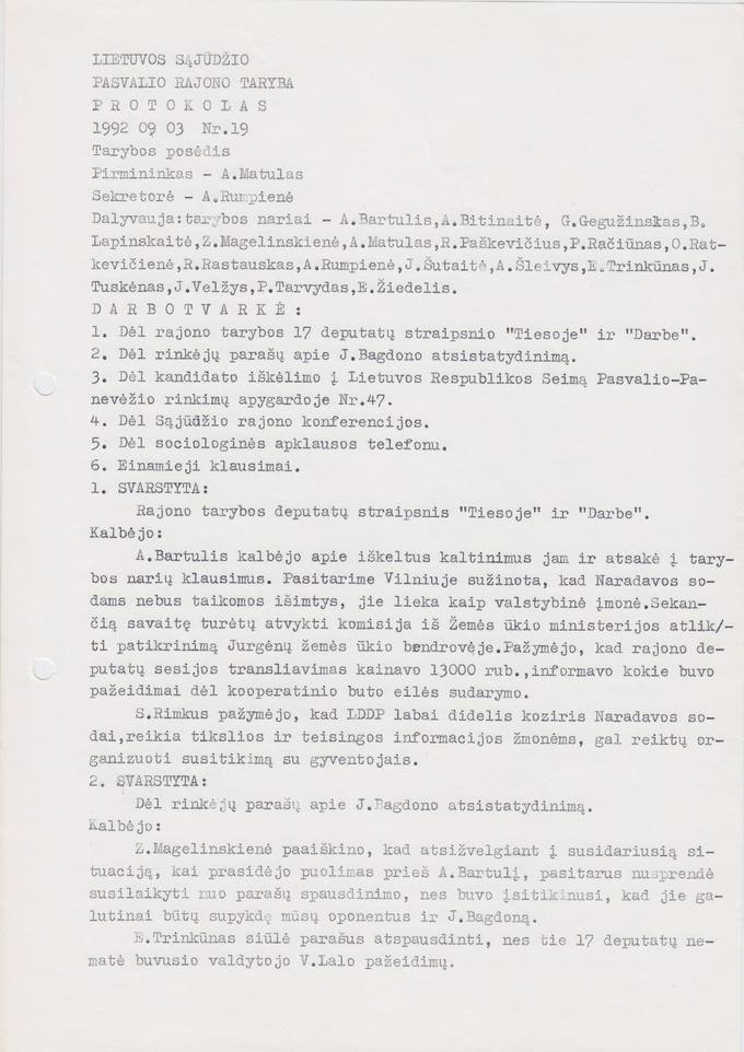 Lietuvos Sajūdžio Pasvalio rajono Tarybos 1992 m. rugsėjo 3 d. posėdžio PROTOKOLAS Nr. 19
